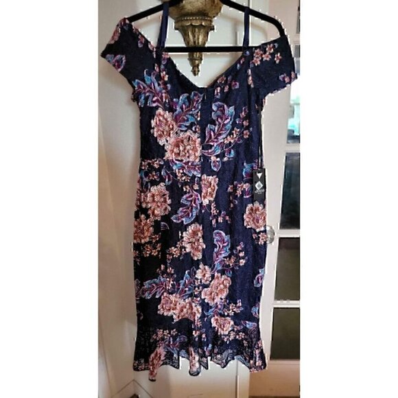 Guess Dress Women’s Floral Maxi Off Shoulder Navy Blue Empire Waist NEW Size 14 - Picture 2 of 4